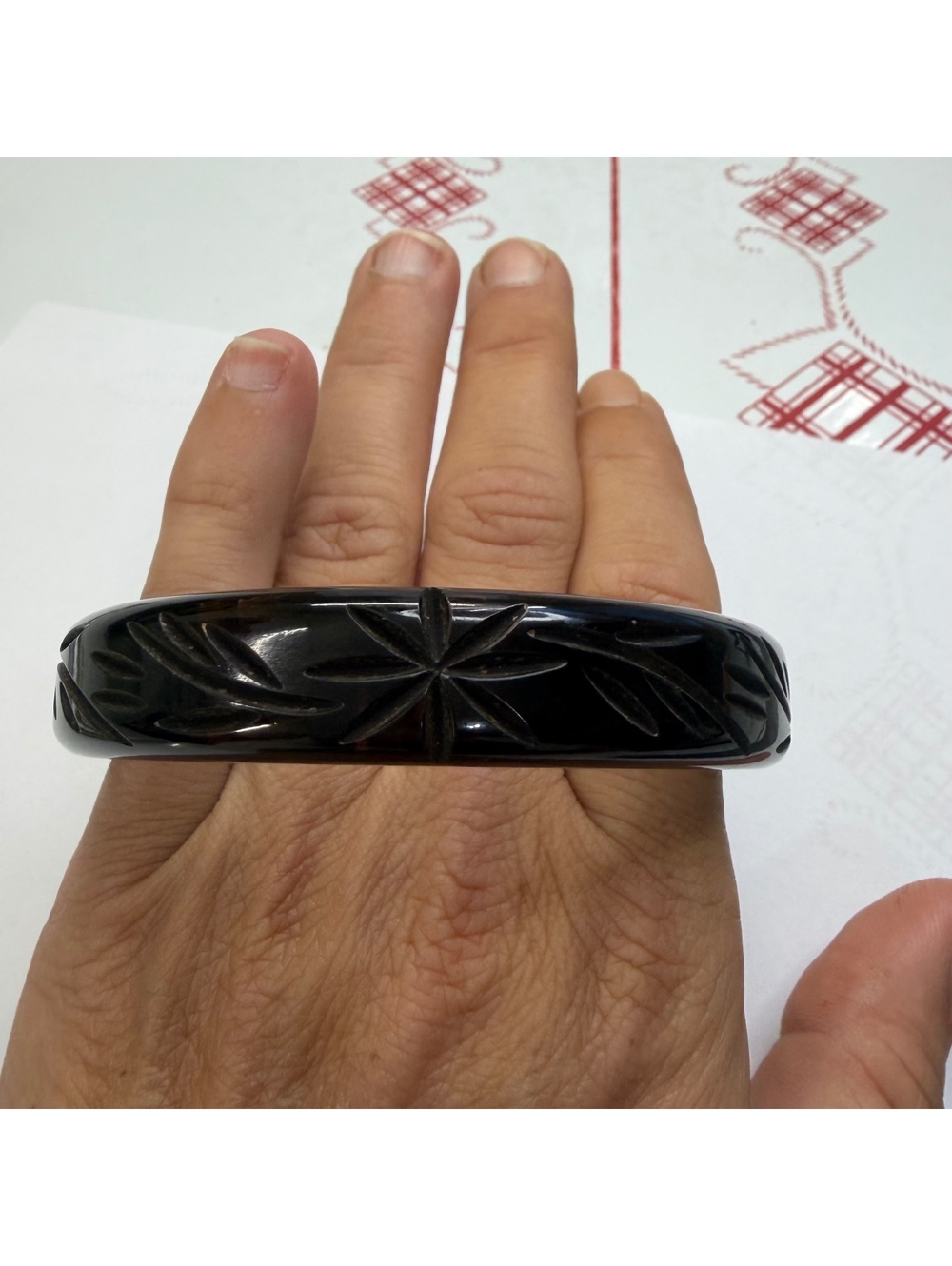 Dark brown hand carved Bakelite bangle bracelet